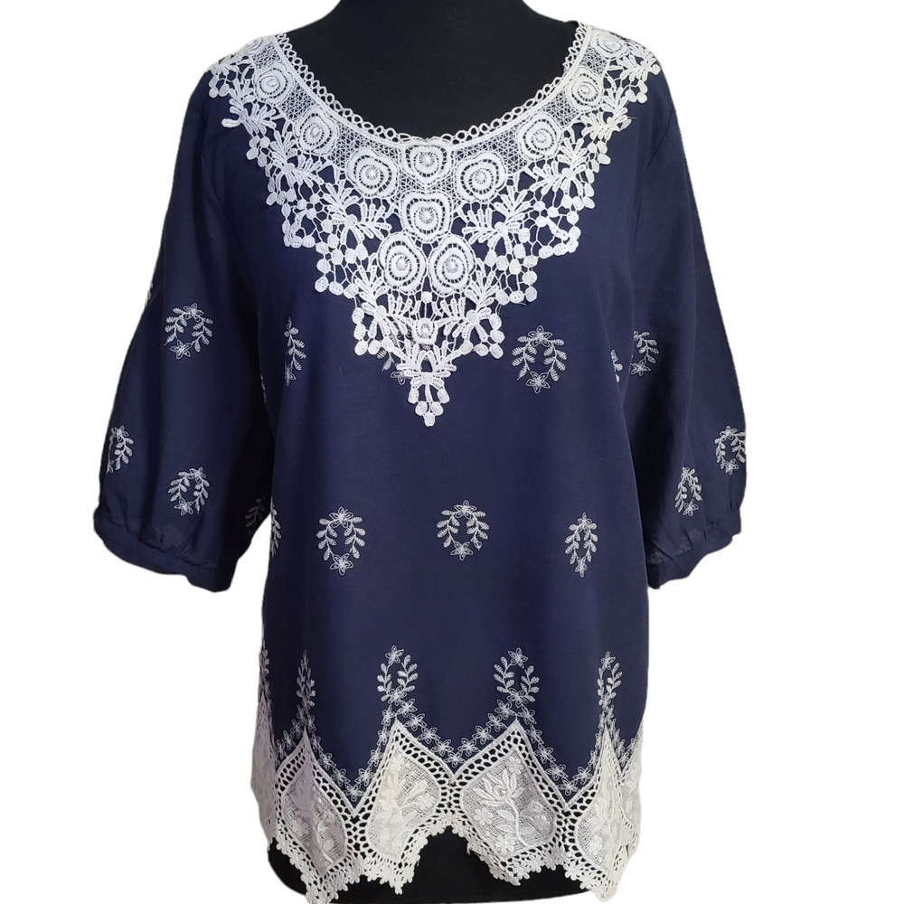Lauren Michelle petite tunic blouse 3/4 sleeve embroidered sz P XL